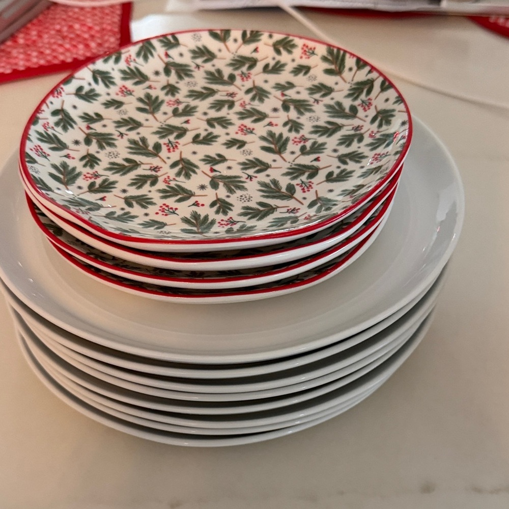 Crate&Barrel Red and Green Holly Dinner Plates Set of 10